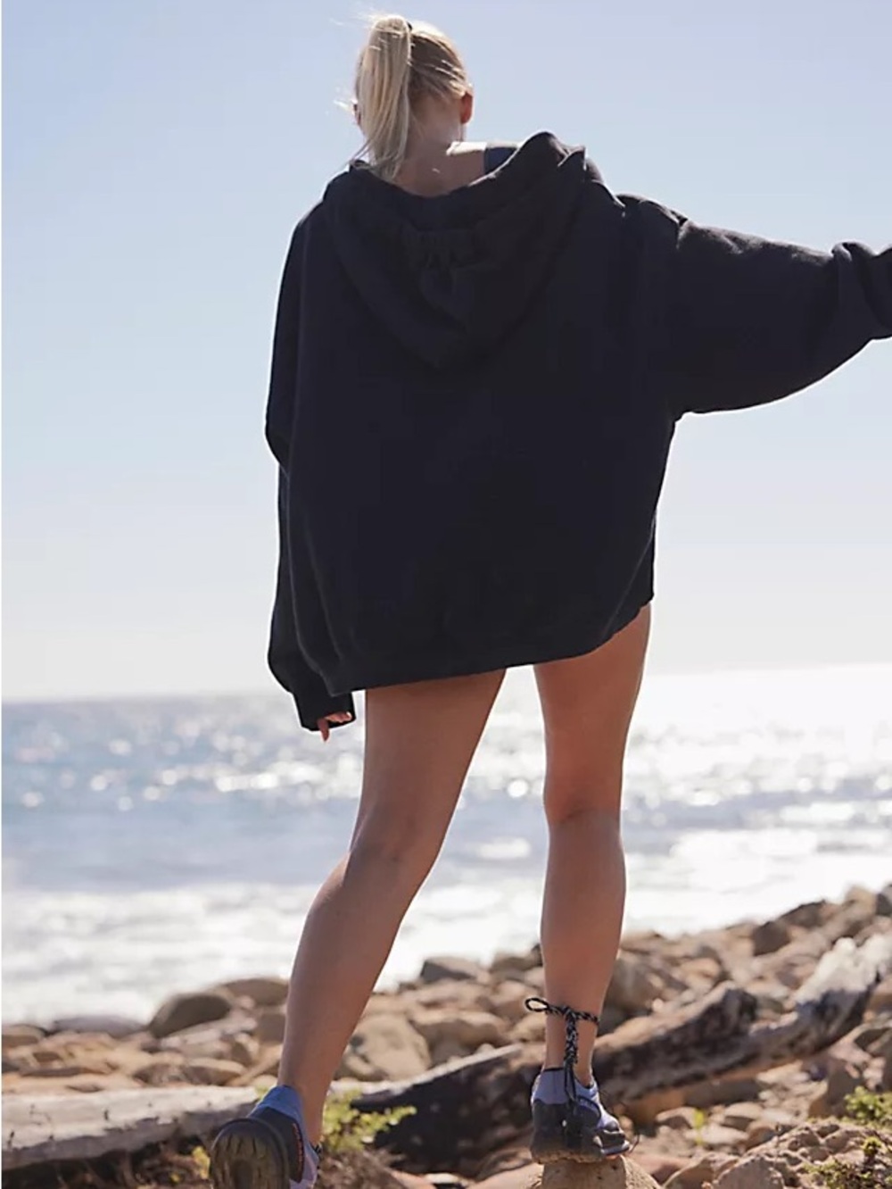 NWT Free People Beach Terry Black Oversized Hooded Sweatshirt